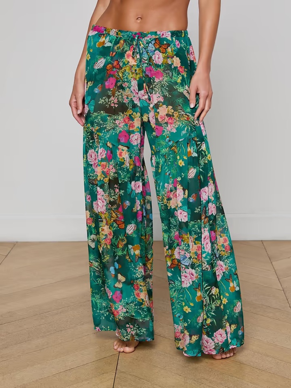 L'AGENCE Teal Floral Wide-Leg Palazzo Pants